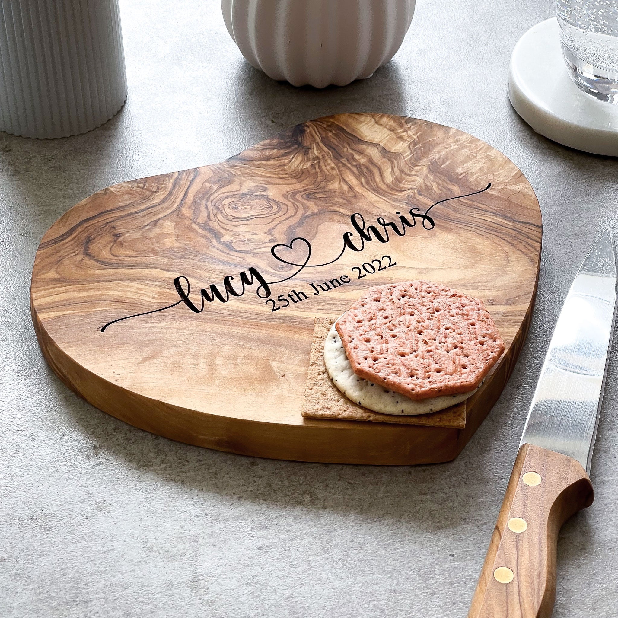 Personalised Heart Shaped Olive Wood Cheese Board