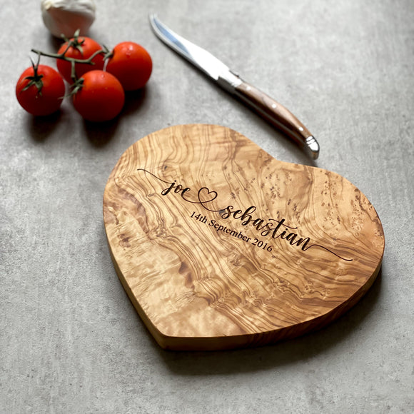 Personalised Heart Shaped Olive Wood Cheese Board