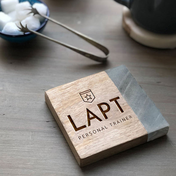 Your Own Logo Engraved Wood & Grey Marble Square Coaster