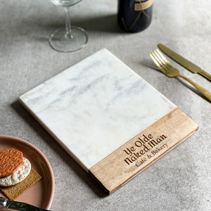 Your Own Logo Branded White Marble And Acacia Cheese Board