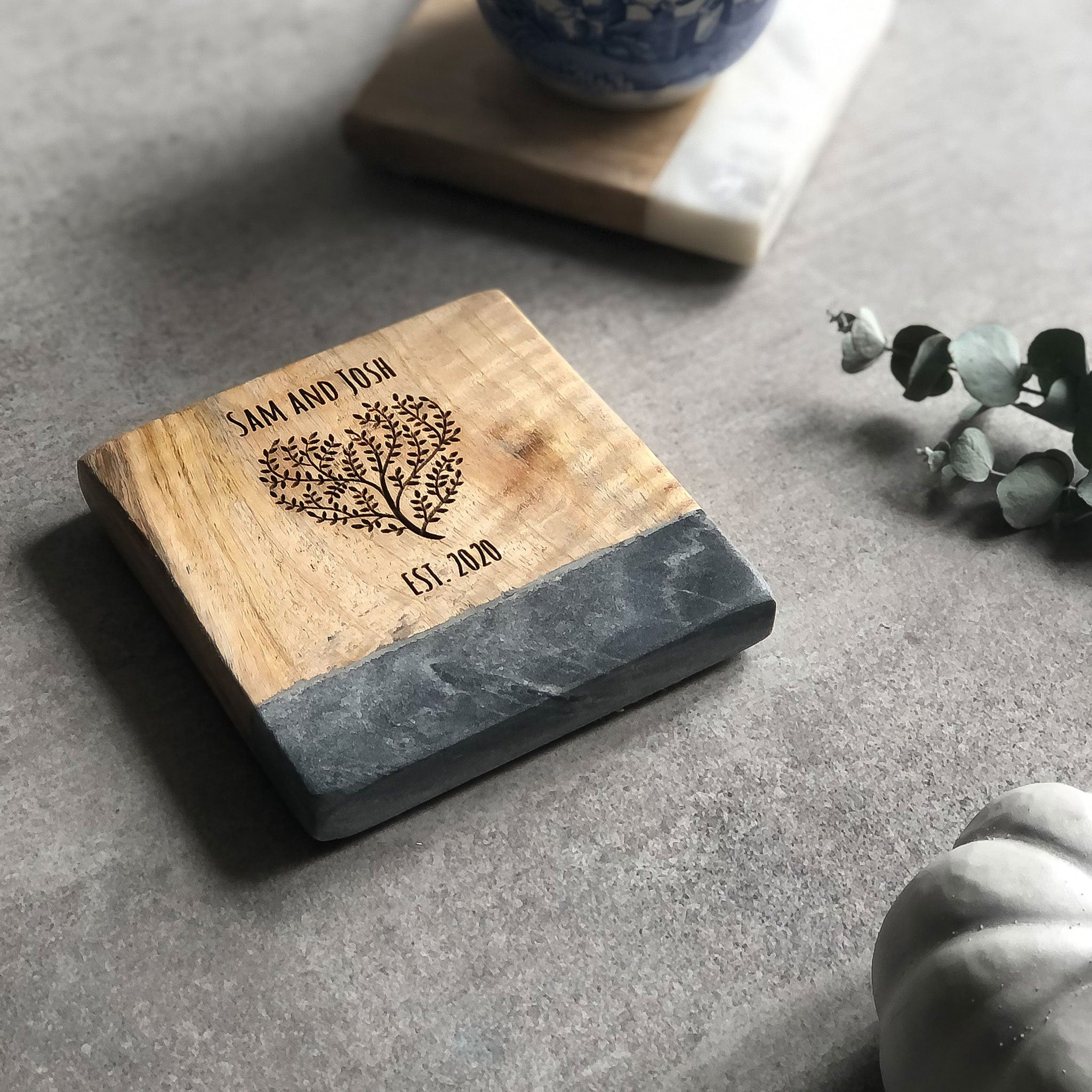 Personalised Engraved Heart Tree Marble & Acacia Wood  Drinks Coaster
