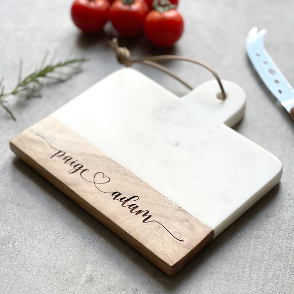 Personalised Marble & Acacia Wood Cheese Board with Heart Design | Wedding Gift