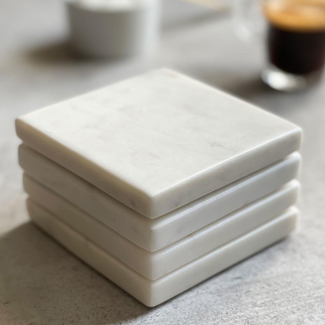 Marbclouda Marble & Wood Drink Coasters - Set Of 4, 4.3 Inch Round, White - View #11
