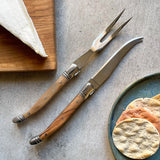 Traditional Olive Wood Handle Cheese Knife and Fork Set