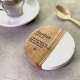 Marble & Acacia Square Coaster with "Mother" Definition | Gift for Mum