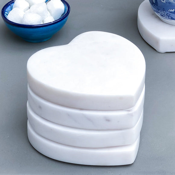 Set of 4 White Marble Heart-Shaped Coasters